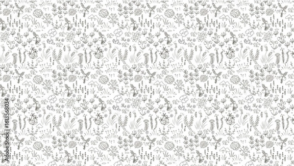 Fototapeta A seamless pattern of hand drawn plants and mushrooms on a white background in a doodle style