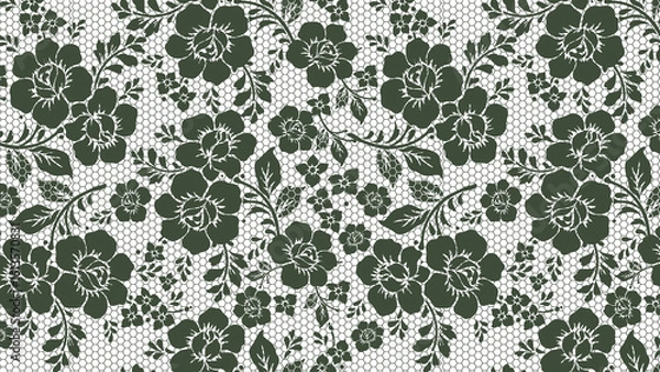 Fototapeta Dark floral pattern with lace background featuring roses and small flowers arranged all over design