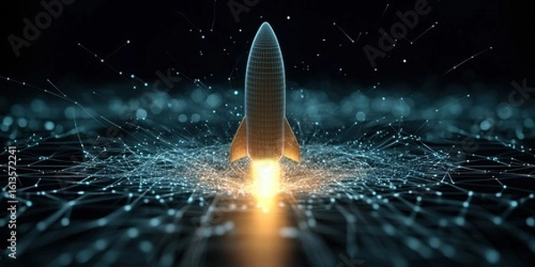 Fototapeta engineer aerospace simulation Concept. Rocket launching with digital effects and glowing particles in a futuristic setting.