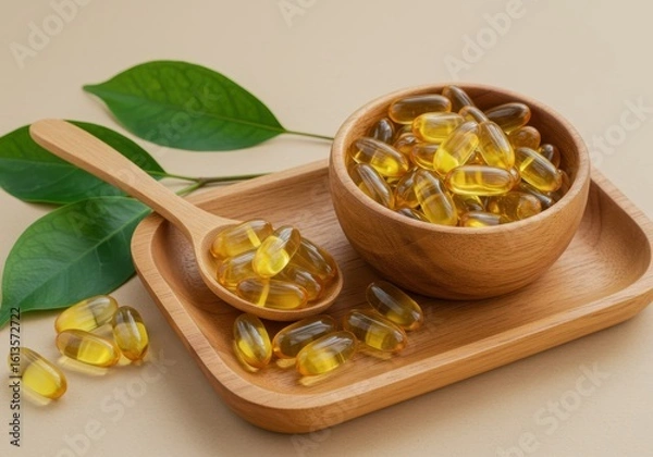 Obraz Healthy omega 3 fish oil capsules in wooden bowl and spoon