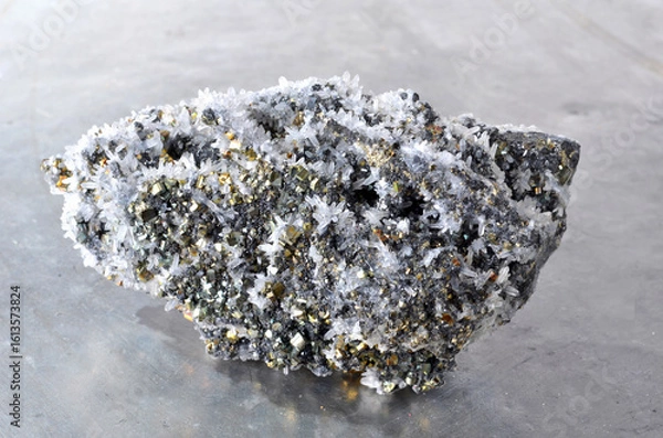 Fototapeta Mineral stone Galena, Sphalerite, Pyrite, Quartz on isolated background, close-up