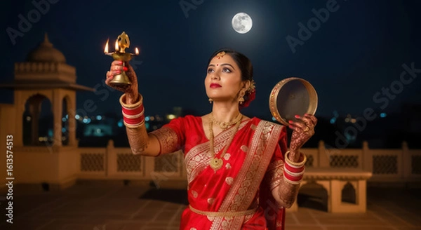 Fototapeta Beautiful Indian Bride in Red Sari Performing Karwa Chauth Ritual Under the Moonlit Night