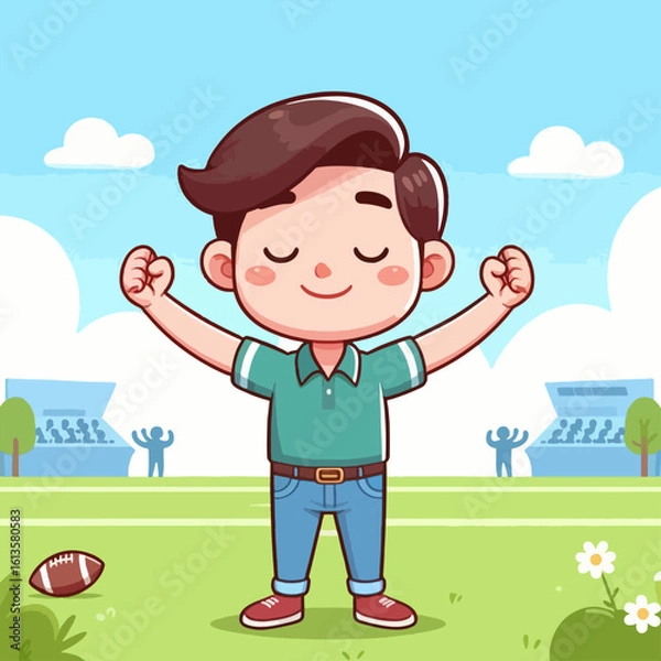 Fototapeta Digital illustration of a young boy, portrayed in a cartoon style, standing in a field with his arms raised in a joyful pose.  The background features a stadium.