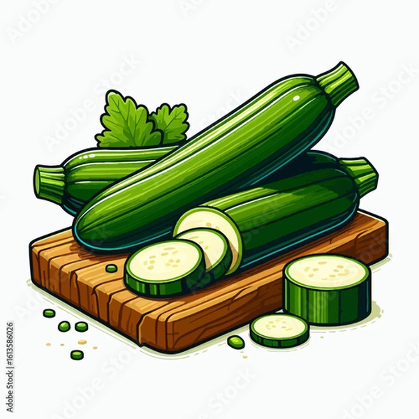 Fototapeta Vibrant illustration of two whole zucchini and slices resting on a wooden cutting board, showcasing a healthy and fresh produce item.