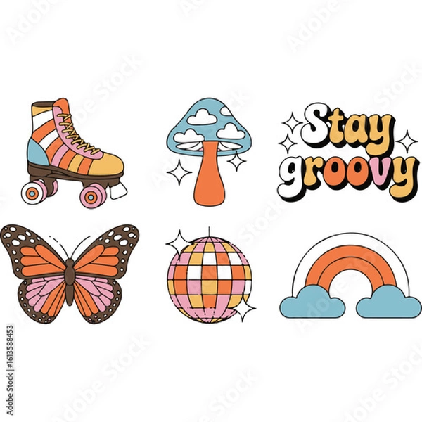 Obraz Collection of groovy 70s retro stickers featuring a roller skate disco ball and butterfly