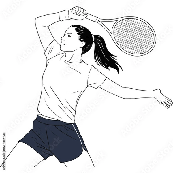Obraz Line art vector illustration of a female tennis player in action hand-drawn sketch style