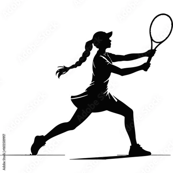 Obraz Vector silhouette of a female tennis player in a serving or smashing pose with a braided ponytail