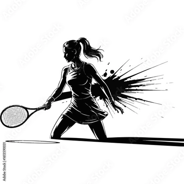 Obraz Vector silhouette of a powerful female tennis player with a grunge ink splash effect