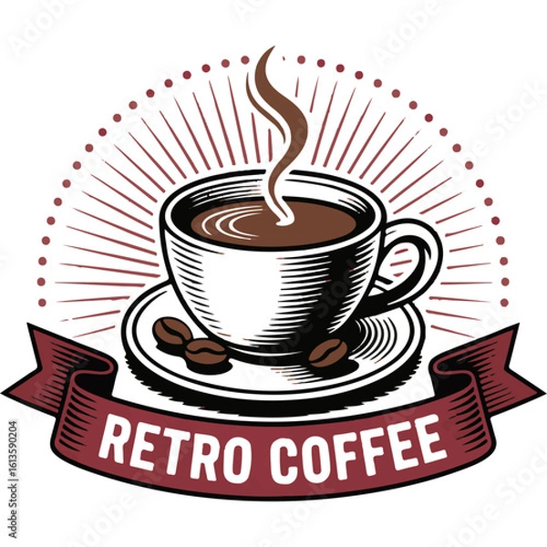 Obraz Retro coffee shop logo with a steaming cup and coffee beans in a vintage badge style