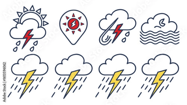 Fototapeta Dark cloud icons with raindrops, lightning, and storm visuals in flat design.

