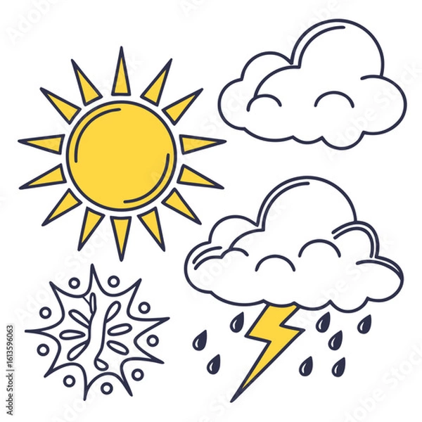 Fototapeta Vector icons showing sun, partly cloudy, and overcast weather for digital use.

