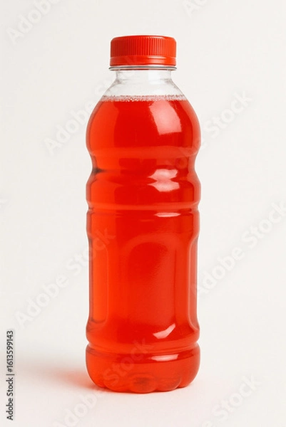 Fototapeta Red plastic bottle with juice or sauce on a white background