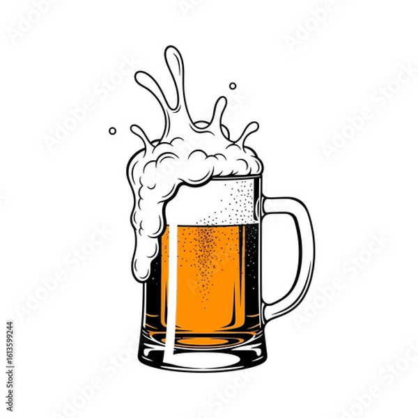 Fototapeta A frothy beer mug isolated on white background with splashing foam