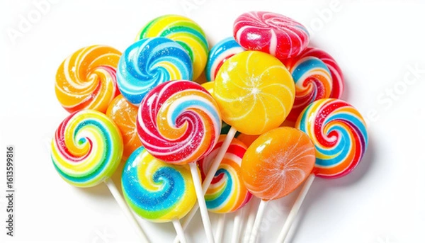 Fototapeta Colorful round lollipops clustered with glossy finishes against a bright white background.
