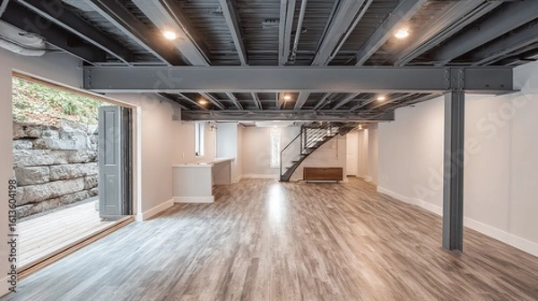 Obraz Bright, Open Basement Interior with Exposed Ceiling, Wood Floors and Exterior Access