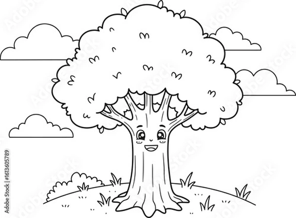 Fototapeta Happy smiling tree mascot on a grassy hill with clouds. A whimsical black and white line art illustration for coloring.