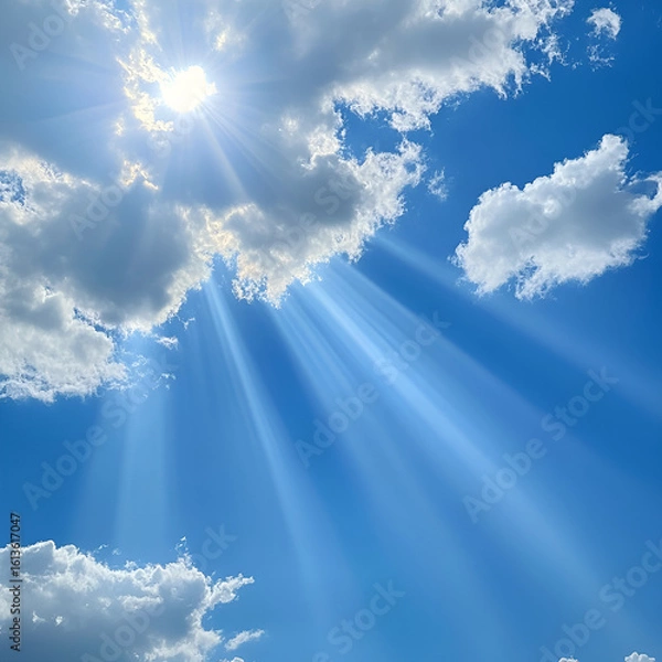 Obraz Sunny day. Blue sky with white clouds and sun. Sunburst With Lens Flare. Heavens with bright weather, summer season outdoor, Blue sky background with white clouds and sun.