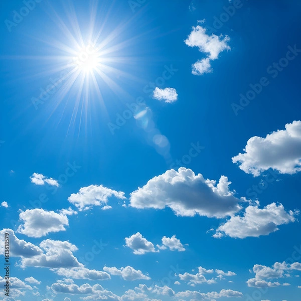 Obraz Bright sun shining through fluffy white clouds on a vibrant blue sky, sunny weather background, white fluffy clouds in the blue sky