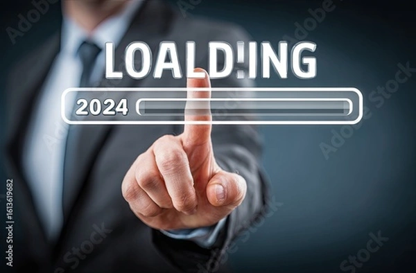 Fototapeta Businessperson's finger touches a transparent search bar with "LOADING" and "2024" displayed