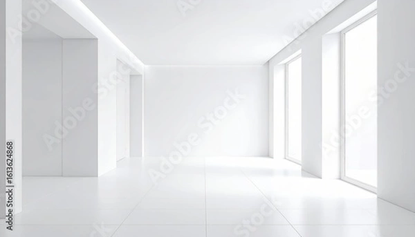 Fototapeta Empty white room interior with minimalist design, ideal for virtual staging and architectural visualization