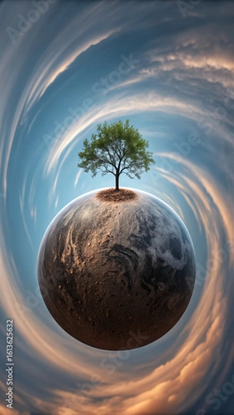 Obraz Mini Planet Single Tree Swirling Clouds isolated on a transparent background