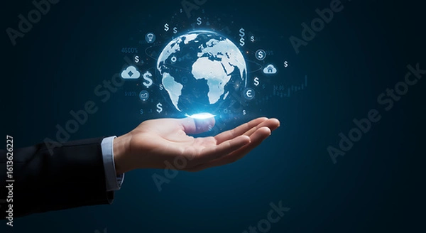 Obraz Hand holding glowing digital earth with financial symbols