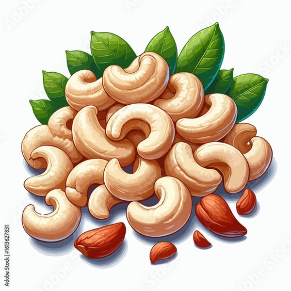 Fototapeta Vibrant  digital  illustration  of  a  heap  of  cashews  with  leaves  and  some  pieces  of  other  nuts.