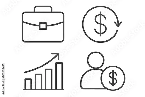 Fototapeta Business and finance icon set in thin line style. Vector symbols for portfolio, cash flow, investment growth, profit analysis, and employee salary. Editable stroke graphics.