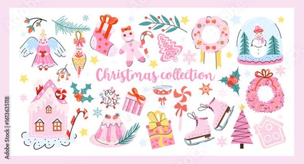 Obraz Cute pastel Christmas clipart collection with gingerbread house, gifts, candy, pink tree, skates, angel and snow globe. Vector hand drawn set for winter holidays and kids design.