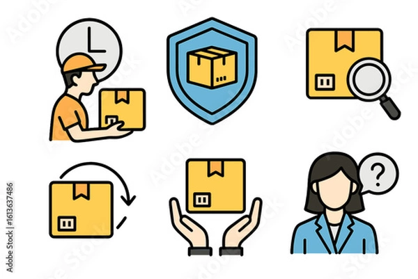 Fototapeta Express delivery icon set for e-commerce logistics. Courier, package protection, tracking, returns, careful handling, and customer service vector illustrations for web and app.