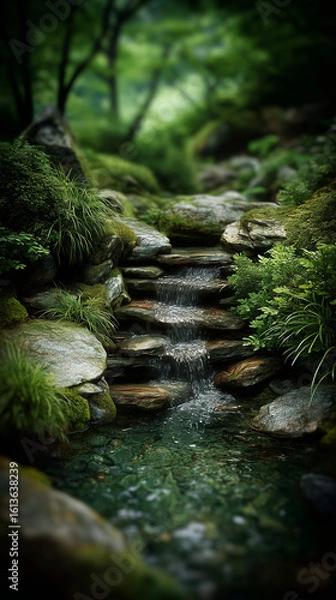 Obraz Tranquil Stream Flowing Through a Serene Forest Garden Setting
