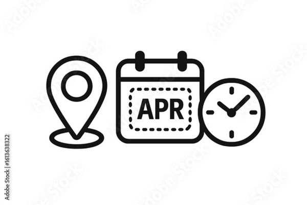 Fototapeta Location, date, and time icon set. Vector illustration for event planning, appointment scheduling, and reminders. Simple line icons of map pin, calendar, and clock.