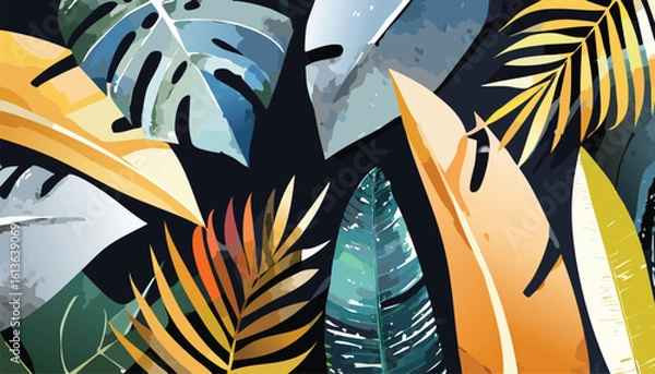 Fototapeta modern design featuring abundance tropical green and gold leaves