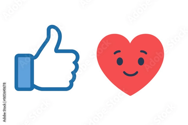 Fototapeta Like and Heart icon collection. Thumbs up and cute heart emoji for social media reactions. Vector illustration for app interface, web design, user feedback, and communication.