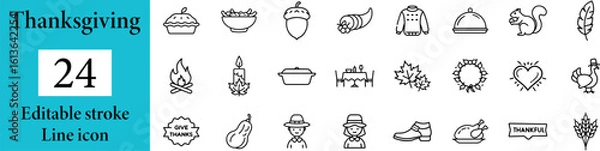 Fototapeta Collection of 24 Festive thanksgiving dinner icon featuring a turkey and autumn elements isolated on transparent background