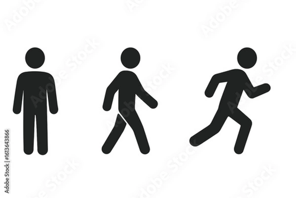 Fototapeta Man stand, walk, run icon set. Action sequence of person standing, walking, running. Human movement and activity pictogram symbol. Progress concept. Man silhouette vector.