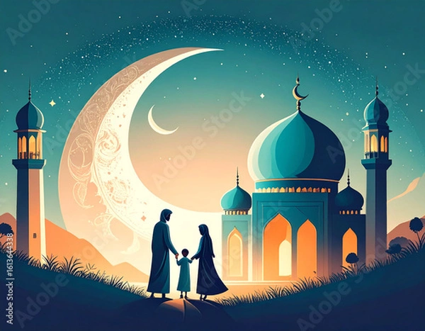 Fototapeta Festive gathering at floral archway with lanterns, minarets, and greenery. Families in traditional attire share a moment of cultural warmth, celebration, and spiritual connection