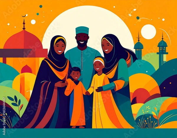 Fototapeta Vibrant family scene in front of mosque with crescent moon, stars, and abstract background. Traditional attire and festive colors highlight culture, spirituality, and togetherness