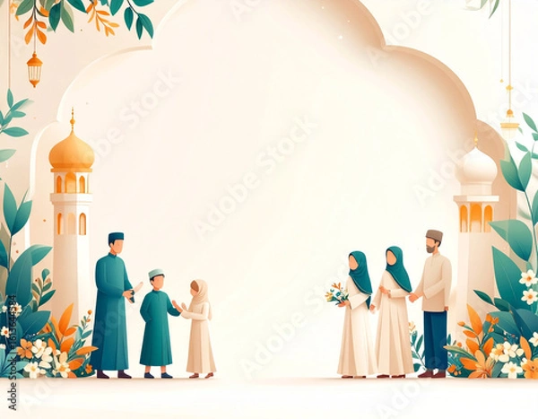 Fototapeta Festive family gathering in front of floral archway with minarets and lanterns. Traditional attire, flowers, and joyful atmosphere evoke themes of celebration, culture, and unity