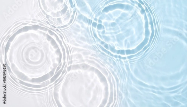 Obraz Ripples and concentric circles form on a clear water surface as droplets gently fall, creating soothing patterns and reflections in pale blue hues.