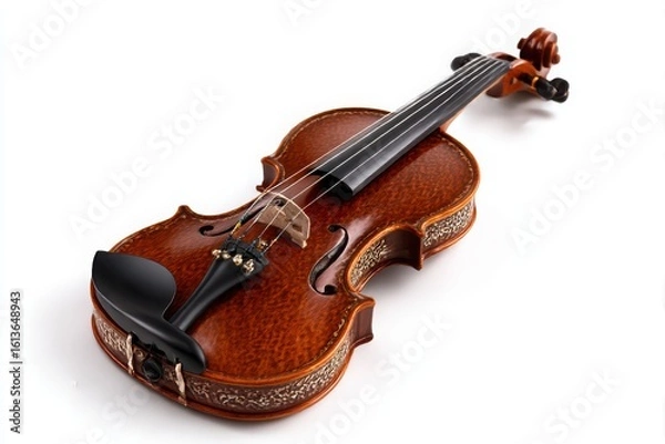 Obraz Acoustic violin with a dark wood finish and intricate detailing isolated on white background