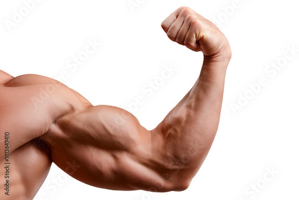 Fototapeta Muscular male bodybuilder flexing biceps arm cutout on transparent background