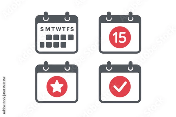Fototapeta Calendar icon set for web and mobile apps. Vector illustration of schedule, appointment, reminder, and important date markers like checkmark and star. Flat design element.