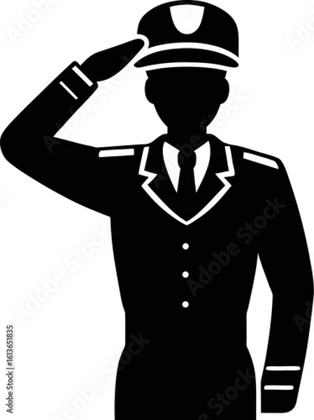 Fototapeta Vector art of a military officer silhouette delivers a crisp salute, embodying respect and honor in a symbol of service and duty isolated on white background