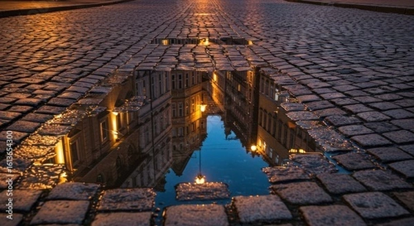 Obraz Cobblestone street puddle reflection
