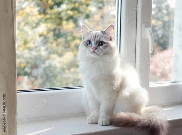 Fototapeta Fluffy Ragdoll Cat Relaxing on a Sunny Windowsill