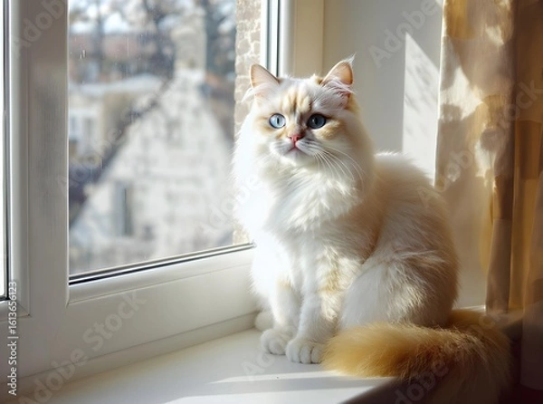 Fototapeta Ragdoll Cat Perched on a Sunny Windowsill, Captivating Blue Eyes and Fluffy Fur