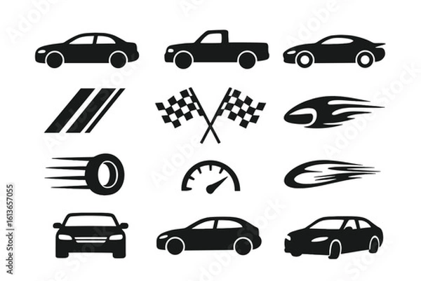 Obraz Car icons set. Truck silhouettes, racing stripes, checkered flags, speed graphics, automotive design elements. Vector transport symbols, vehicle pictograms for auto sport.