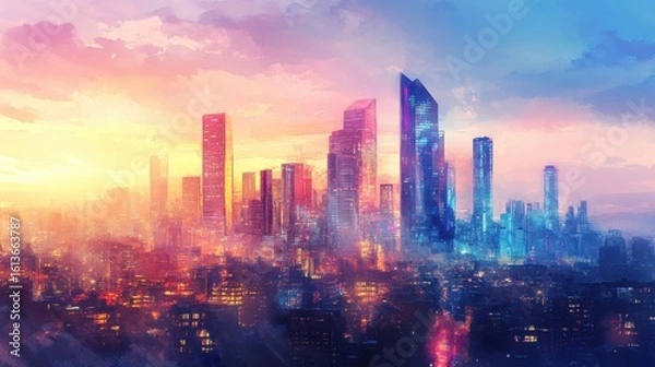 Fototapeta Cityscape at Sunset with Colorful Sky and Buildings