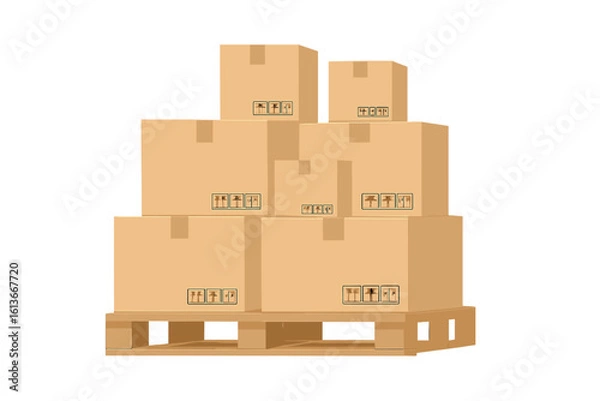 Fototapeta Cardboard boxes on a wood pallet. Warehouse stack front view. Cargo delivery vector illustration. Packaging, shipping, parcel and logistics concept. Goods storage.